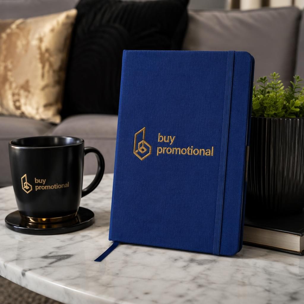 Photo-real royal blue notebook mockup with generic embroidered logo in a cozy luxury black and gold home setting