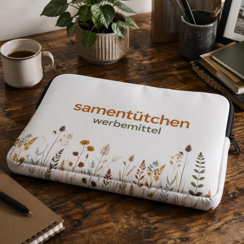 Weißes Laptop-Sleeve mit umlaufendem samentütchen werbemittel Logo auf einem Schreibtisch in warmer Lifestyle-Szene