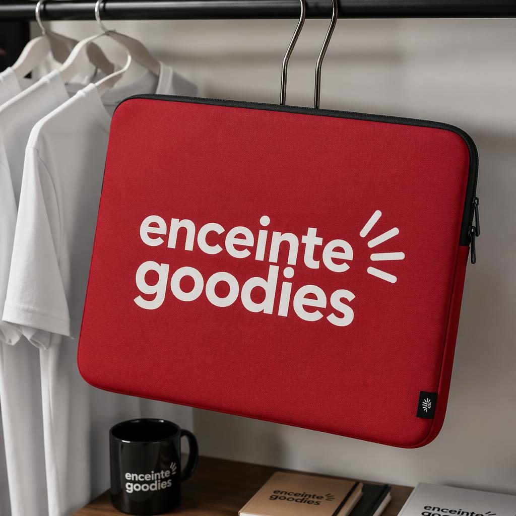 Étui d’ordinateur portable rouge suspendu sur un portant, avec grand logo enceinte goodies en studio.