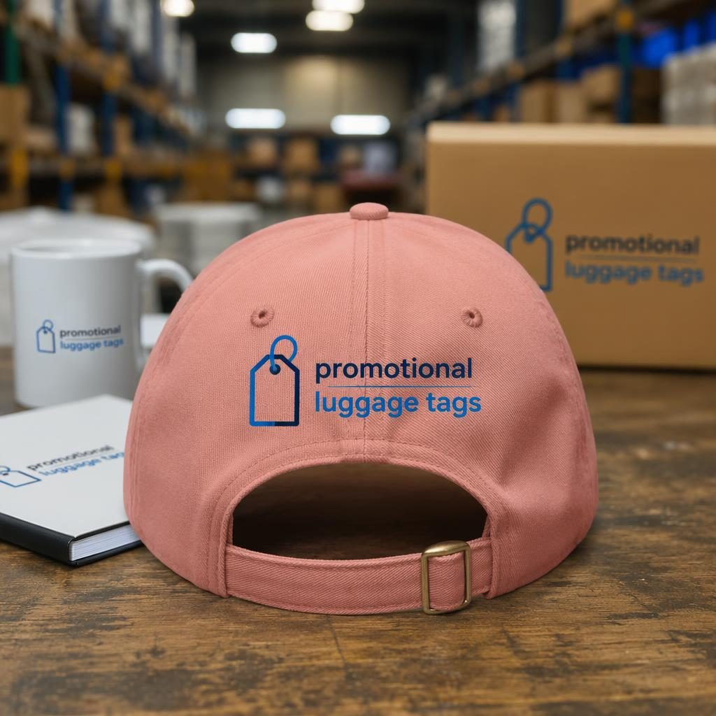 Dusty pink cap mockup showing a promotional luggage tags logo on the back in a warehouse-style studio setting