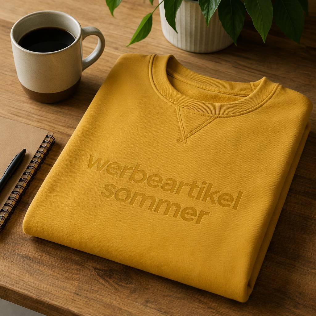 Fotorealistisches Mockup eines senfgelben Crewnecks auf Schreibtisch mit dezentem Ton-in-Ton-Logo im warmen Lifestyle-Setting