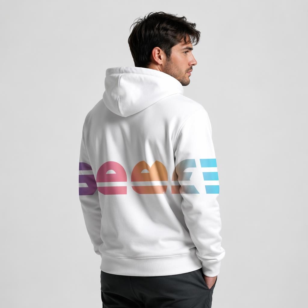 Modelo con hoodie blanco y logo tipográfico envolvente en degradado vibrante, foto de estudio y textura realista