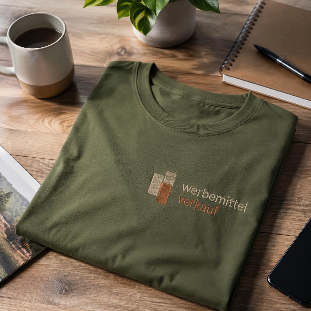 Fotorealistisches olivgrünes T-Shirt mit gesticktem werbemittel verkauf Logo in warmer Desk-Lifestyle-Szene