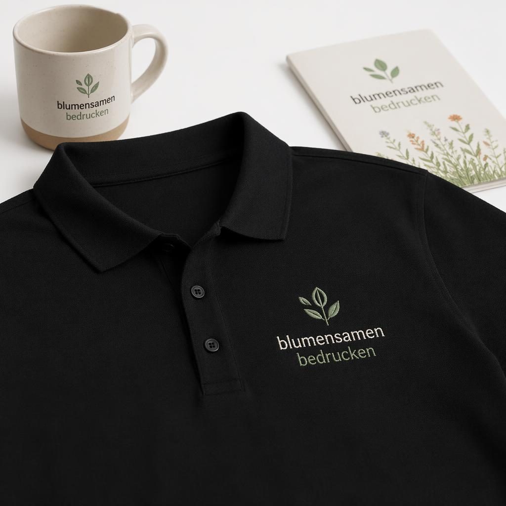 Fotorealistisches schwarzes Polo-Shirt auf weißem Hintergrund mit gesticktem Logo in Salbei und Elfenbein