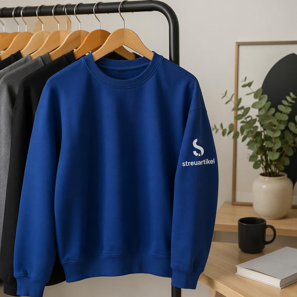Royalblaues Sweatshirt mit streuartikel-Logo am Ärmel, hängend an einem Kleiderständer im Studio