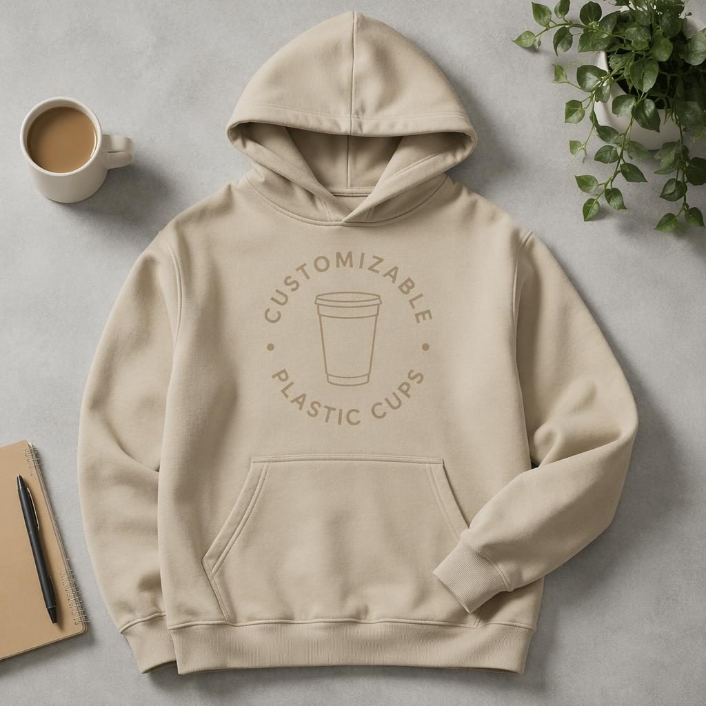 Studio flat lay of a beige sand hoodie with a subtle tone-on-tone customizable plastic cups logo print.