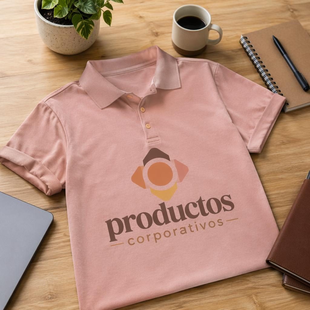 Mockup fotográfico de polo rosa empolvado sobre escritorio con logo grande, taza cerámica y papeles en tonos tierra