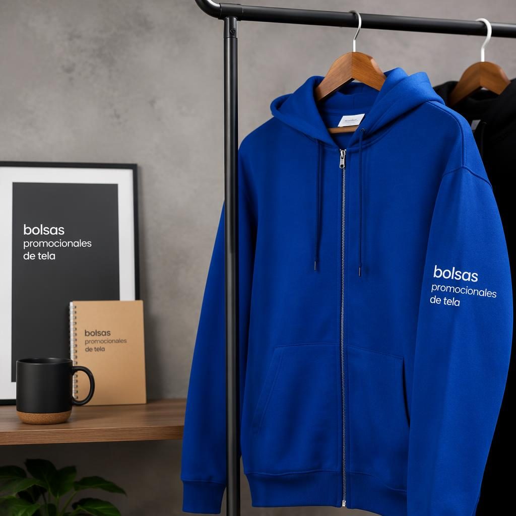 Sudadera azul real con cierre colgada en perchero, logo genérico en la manga, foto de estudio estilo merch.