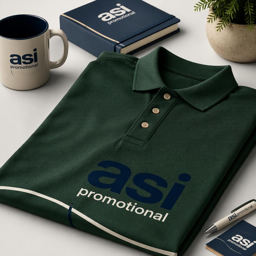 Folded stack of forest green polo shirts with wrap-around asi promotional logo in navy and cream, studio product mockup