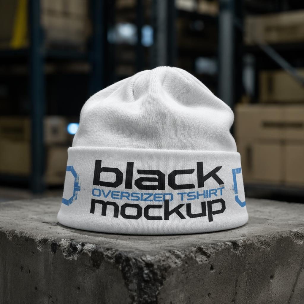 Photo-real white beanie mockup with wrap-around black oversized tshirt mockup logo in a warehouse studio setting