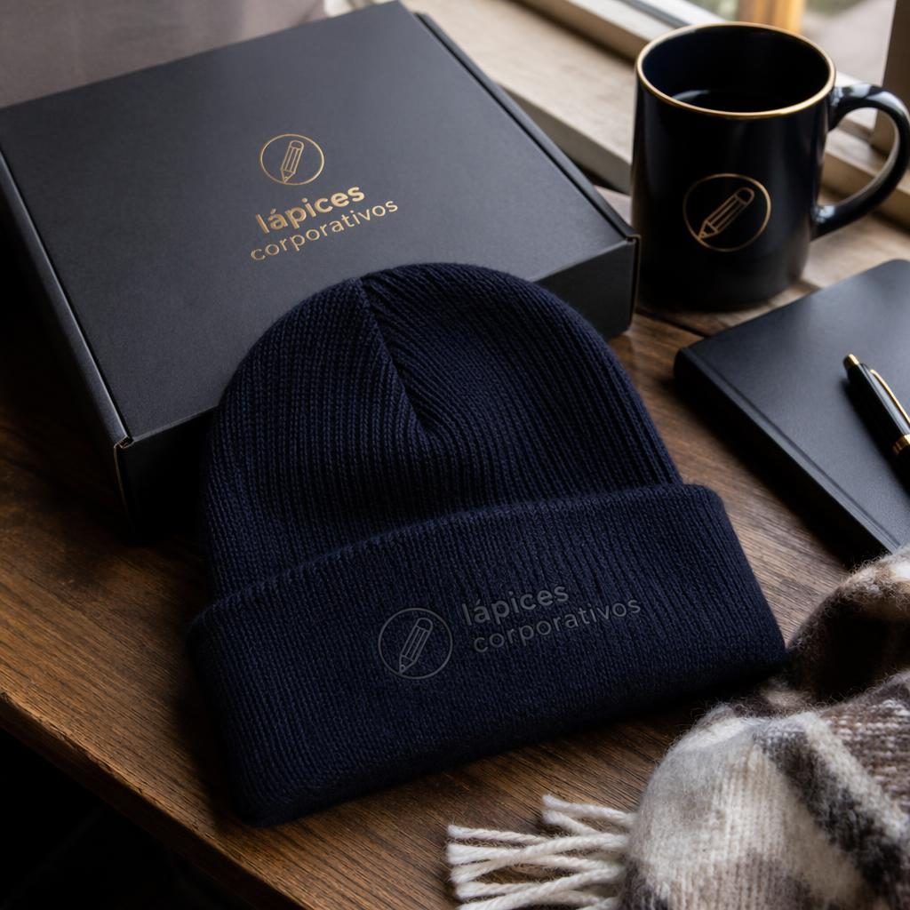 Gorro azul marino con logo tono sobre tono de lápices corporativos en ambiente hogareño elegante negro y dorado