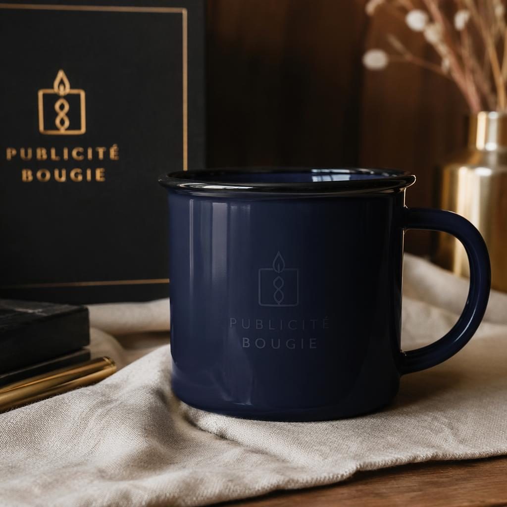 Tasse émaillée bleu marine avec logo ton sur ton, mise en scène cosy noir et or, photo produit nette en intérieur