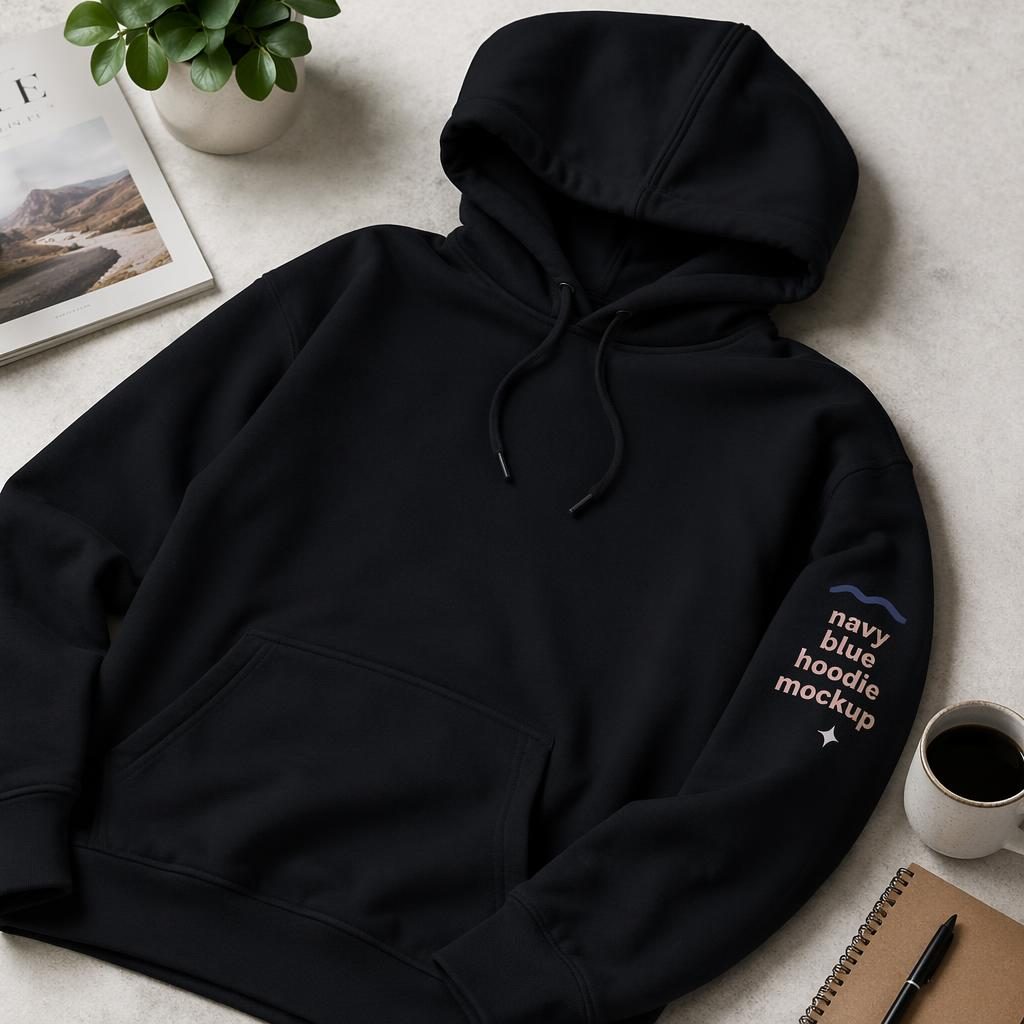 Studio flat lay mockup of a black hoodie with navy blue hoodie mockup text printed on the sleeve