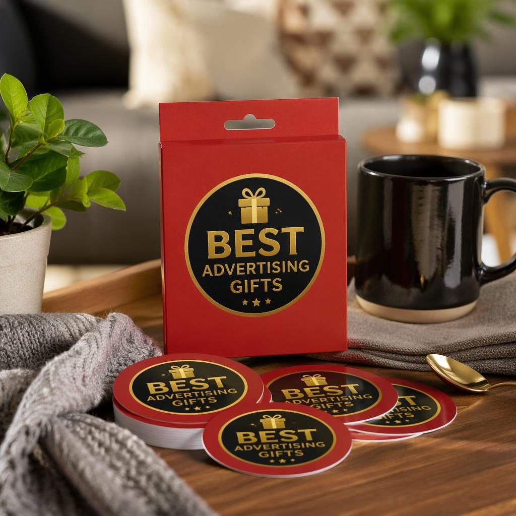 Photo-real red sticker pack mockup with large generic logo print in a cozy home setting, black and gold branding.