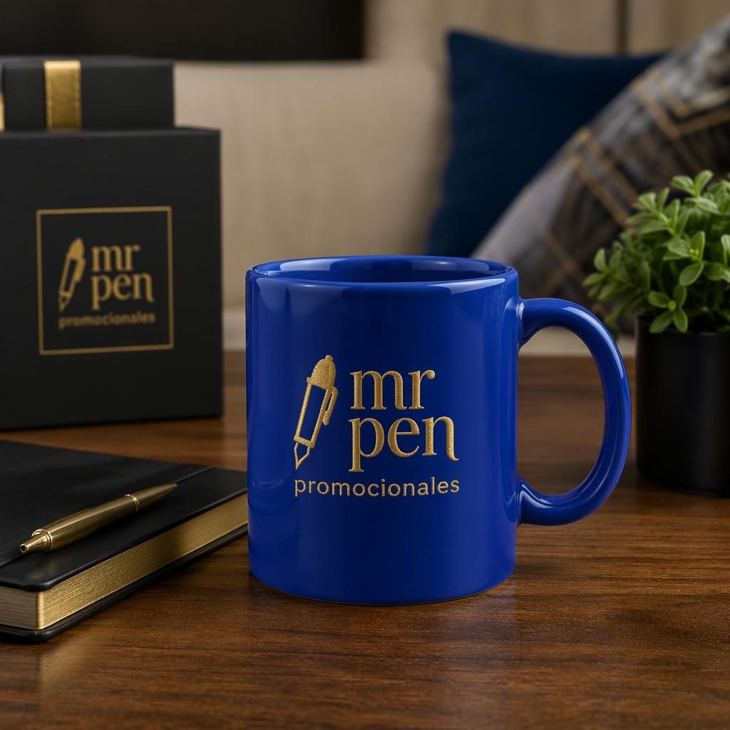 Taza azul real con logo mr pen promocionales en estilo bordado, ambientación hogareña acogedora y detalles negro y oro.