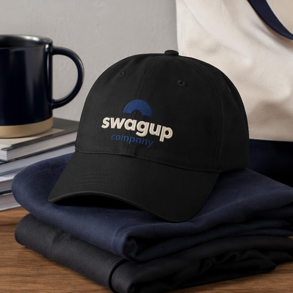 Folded stack of black caps with swagup company logo in cream embroidery, studio-lit with sharp fabric texture.