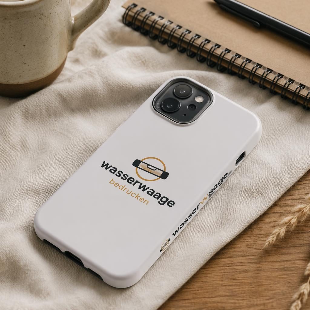 Weiße Handyhülle mit umlaufendem wasserwaage bedrucken Logo auf einem Schreibtisch in warmer Lifestyle-Szene