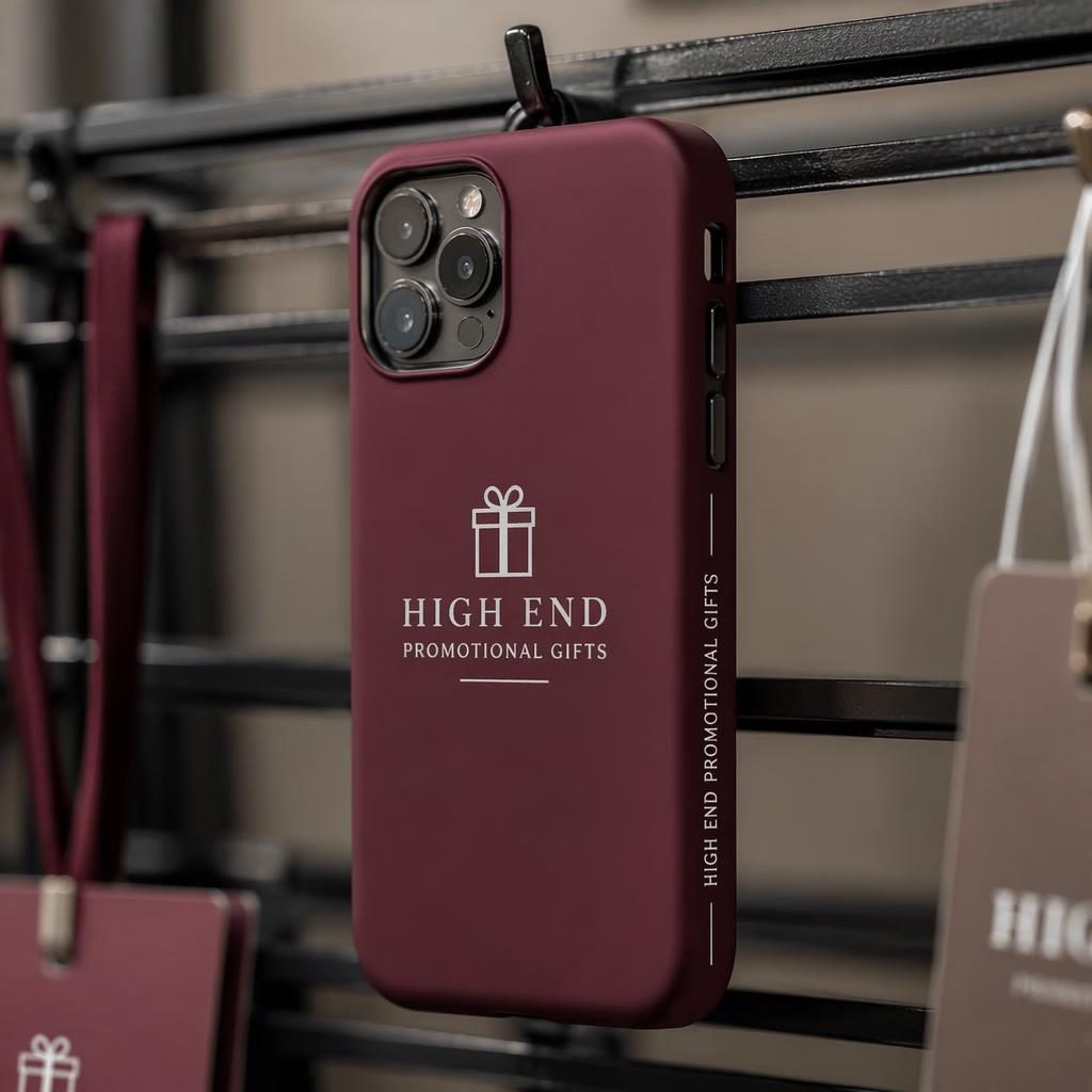 Photoreal burgundy phone case mockup hanging on a rack with a wrap-around generic logo in a minimal monochrome palette.