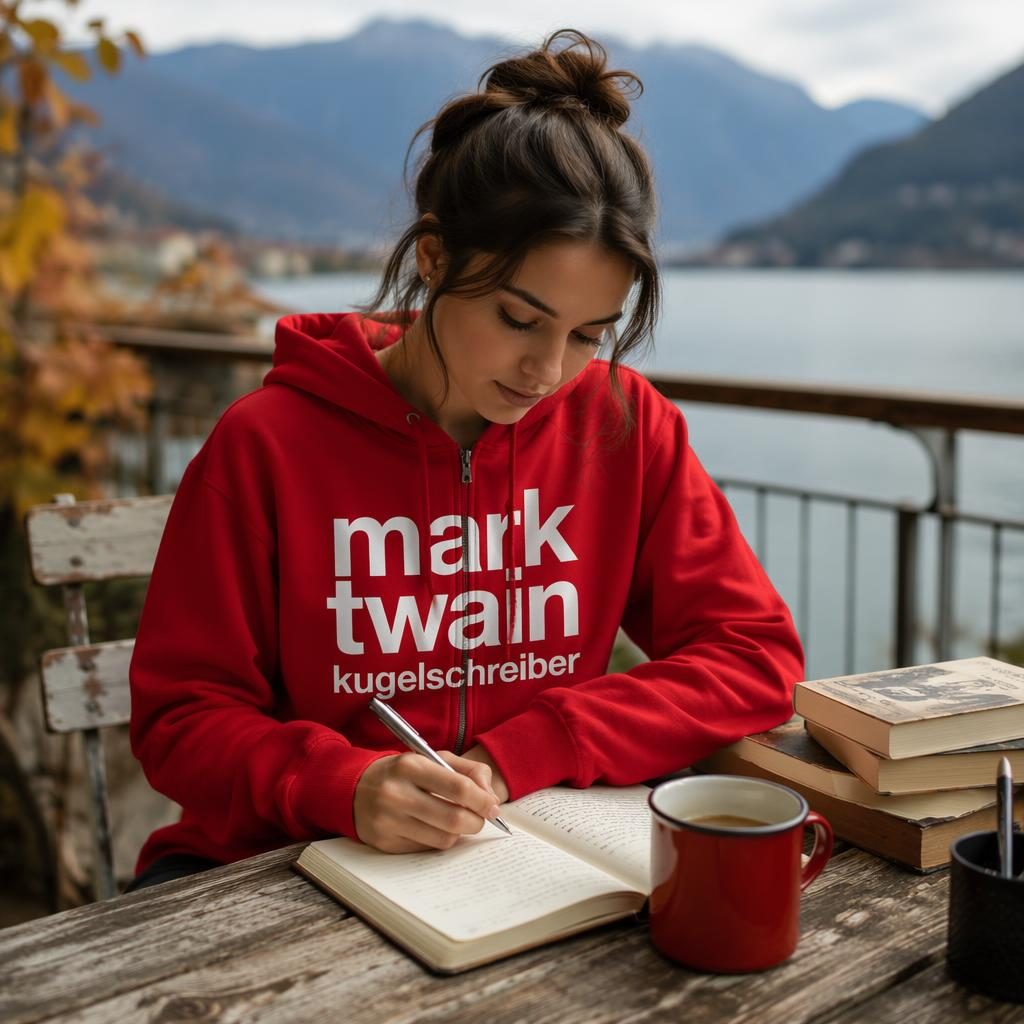 Fotorealistischer roter Zip-Hoodie im Outdoor-Lifestyle-Setup mit großem weißem mark twain kugelschreiber Print.