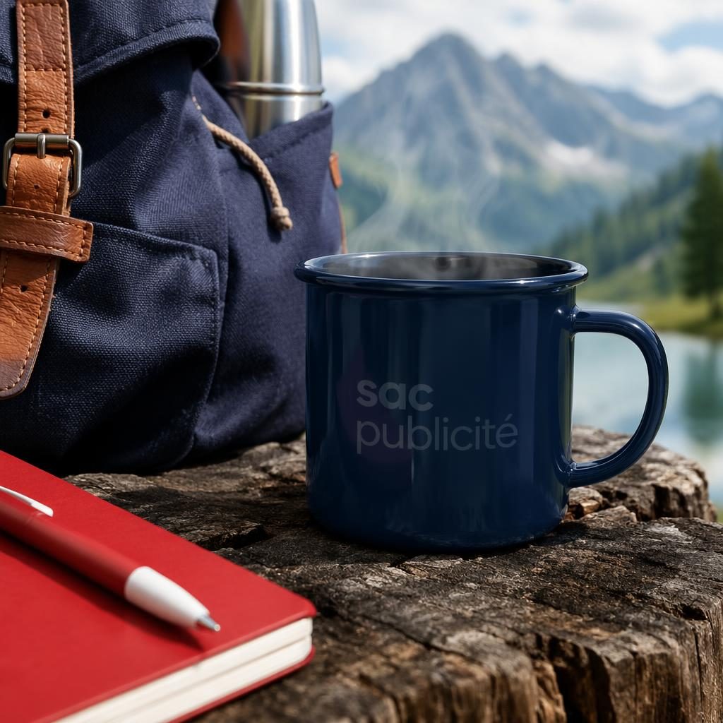 Mug émaillé bleu marine avec logo ton sur ton, photo lifestyle en extérieur, rendu net et réaliste.