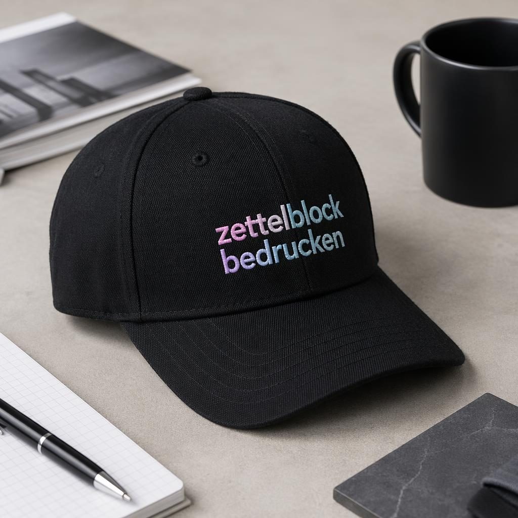 Schwarze Cap im Studio-Flatlay mit gesticktem zettelblock bedrucken Logo in weichen Pastelltönen