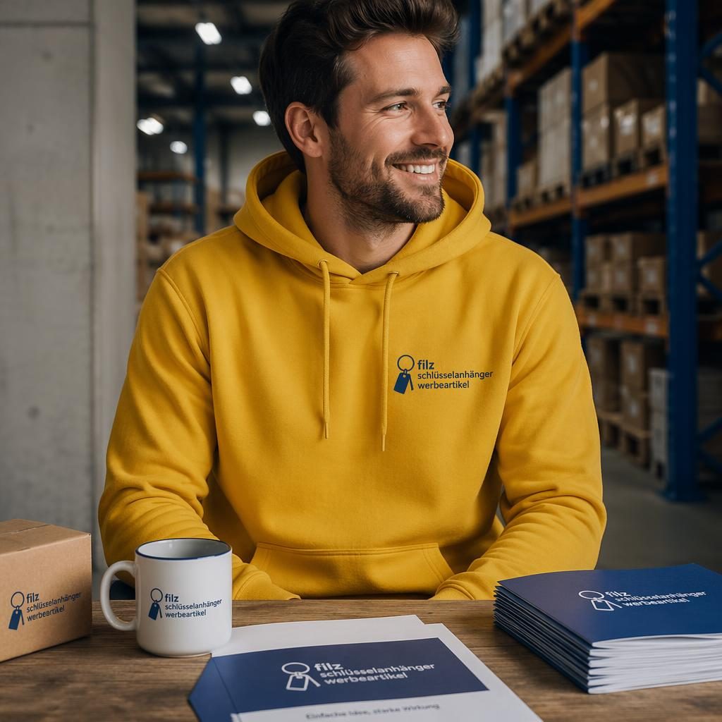 Senfgelber Hoodie im Industrie-Setting, kleines Logo links auf der Brust, scharfe Studioaufnahme mit natürlicher Stoffstruktur.