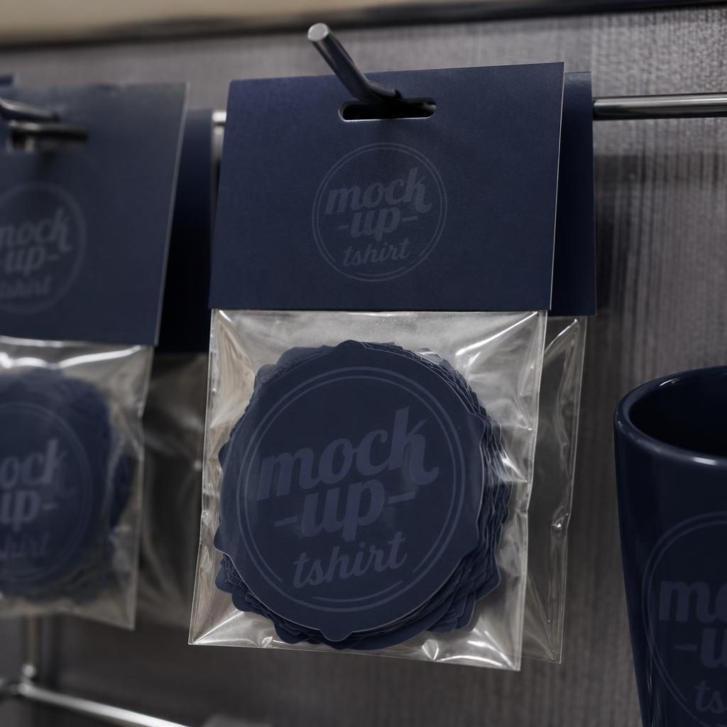 Navy sticker pack mockup hanging on a rack with a subtle tone-on-tone mock up tshirt logo in a minimal studio setup.