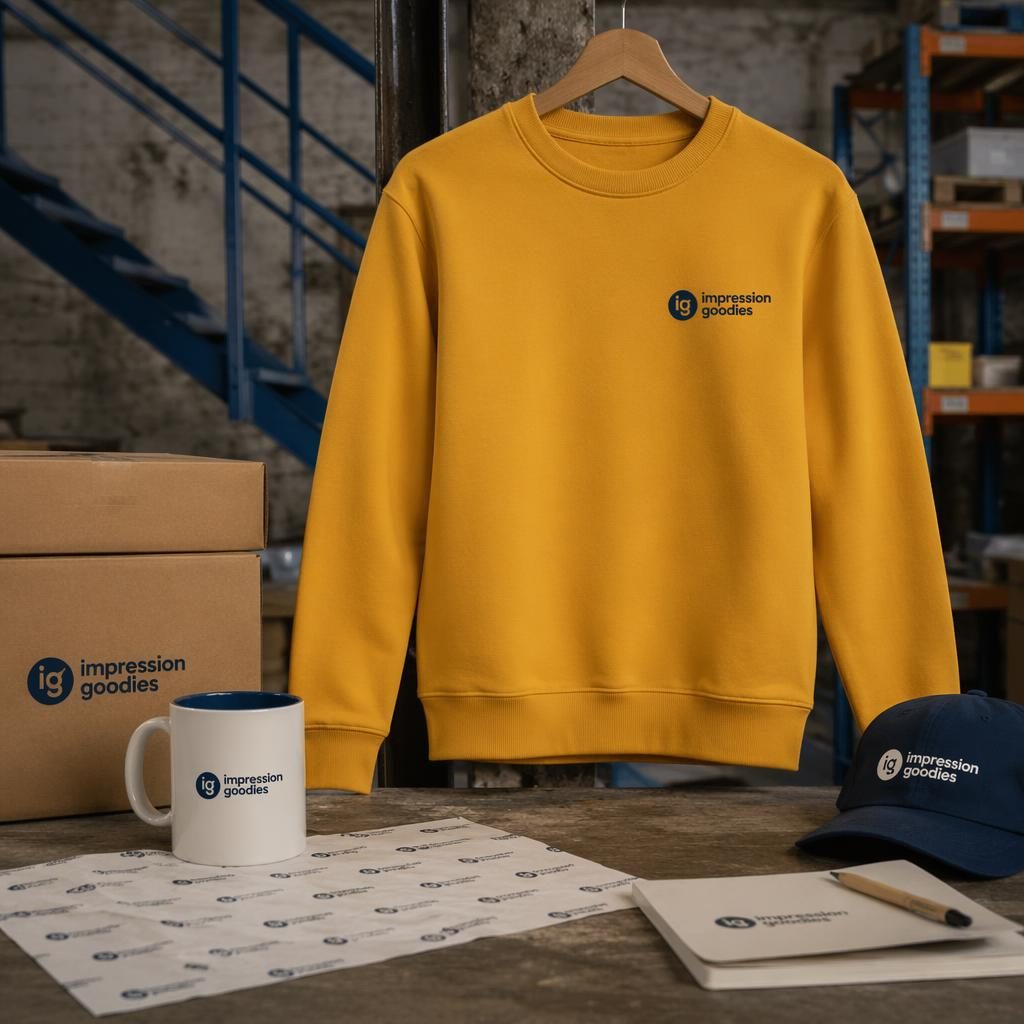 Mockup photo réaliste d’un sweat-shirt jaune moutarde avec logo impression goodies sur la poitrine, fond industriel.
