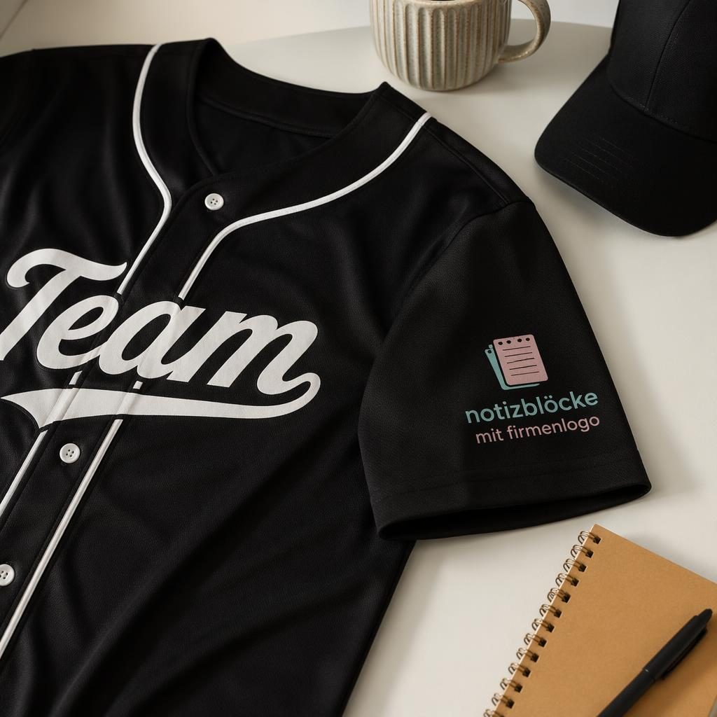 Schwarzes Baseball-Jersey als Studio-Flachlay mit pastellfarbenem Logo auf dem Ärmel, scharf und fotorealistisch
