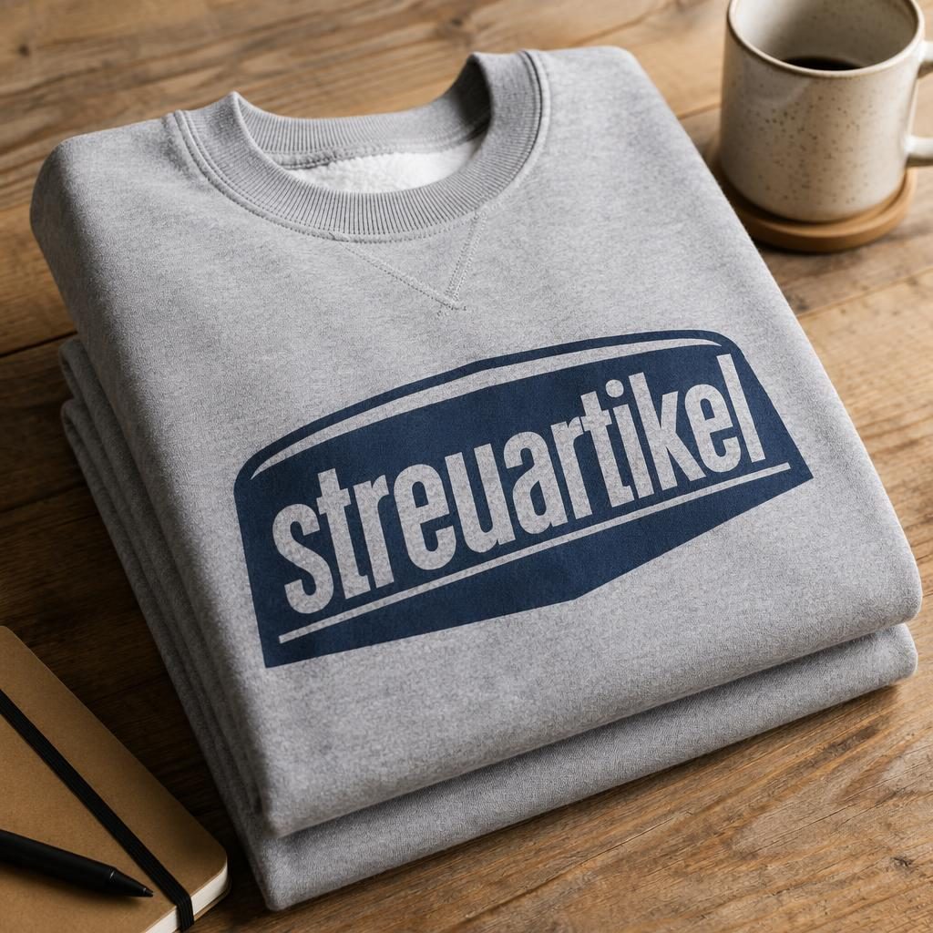 Gefalteter heathergrauer Sweatshirt-Stack mit großem streuartikel Logo in Navy und Creme, fotografiert im Studio.