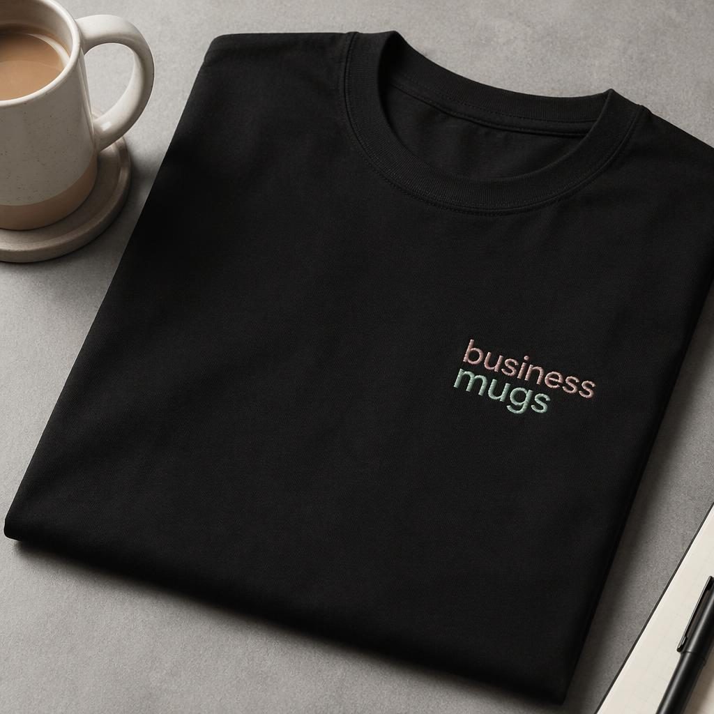 Black t-shirt flat lay mockup with business mugs logo in classic embroidery, pastel palette, sharp studio lighting