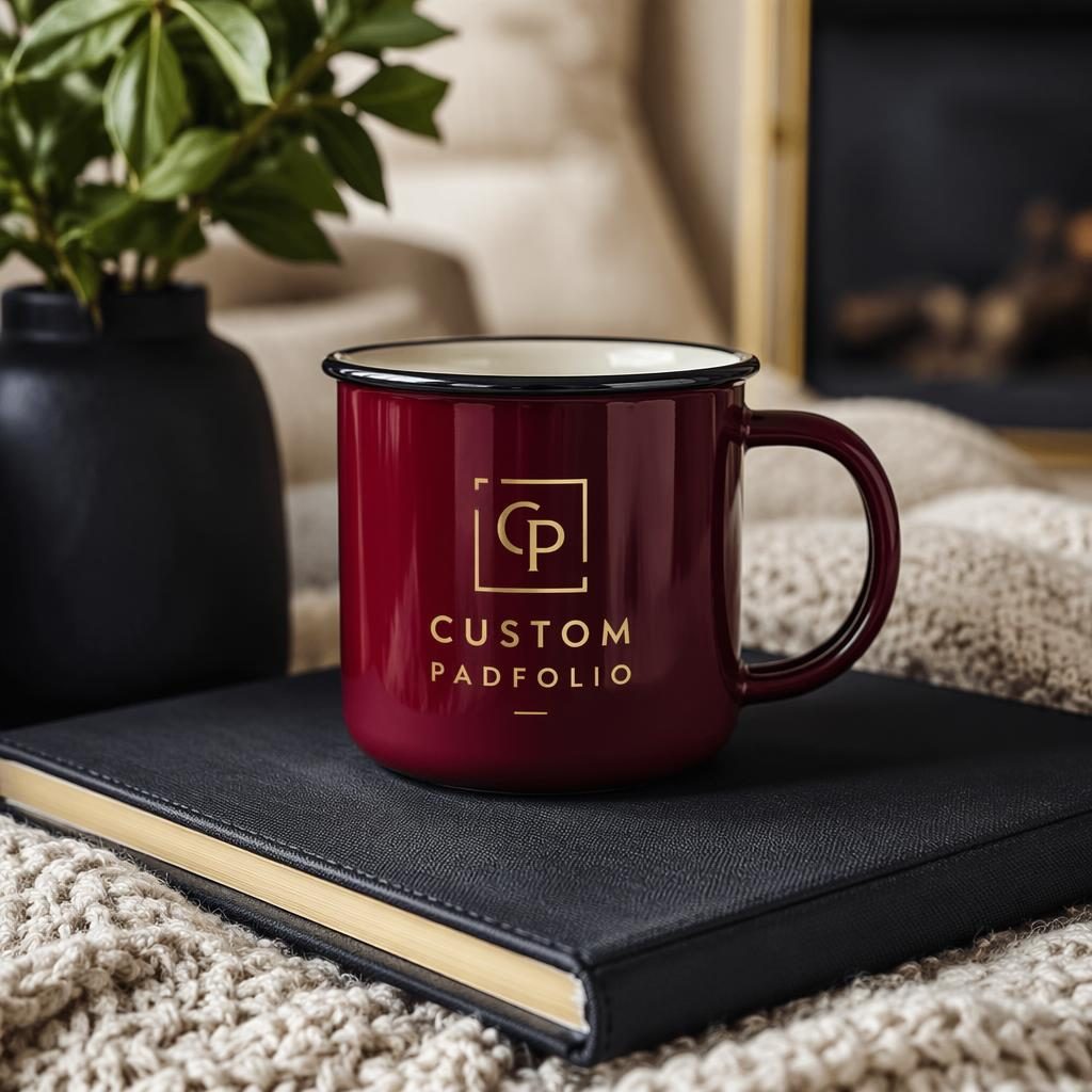 Burgundy enamel mug mockup with custom padfolio logo, styled in a cozy home setting with black and gold branding.