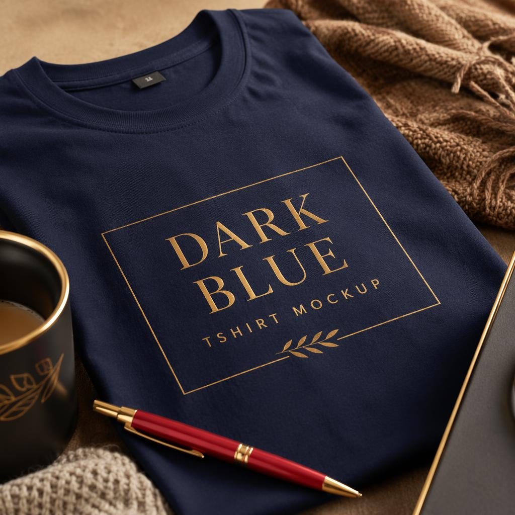 Photo-real classic red pen mockup with a large dark blue tshirt mockup logo, styled in a cozy luxury home setting.