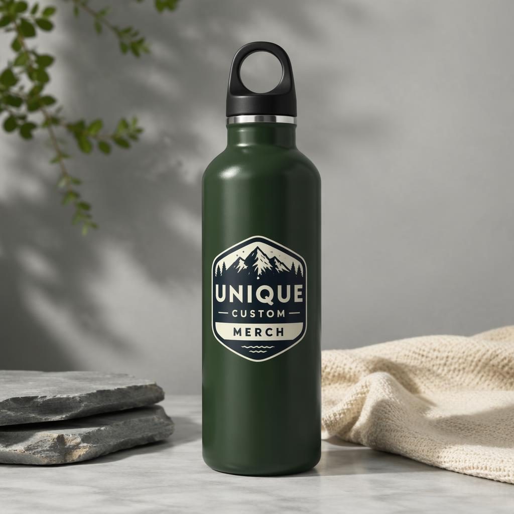Photo-real forest green water bottle mockup with centered unique custom merch logo in navy and cream studio lighting