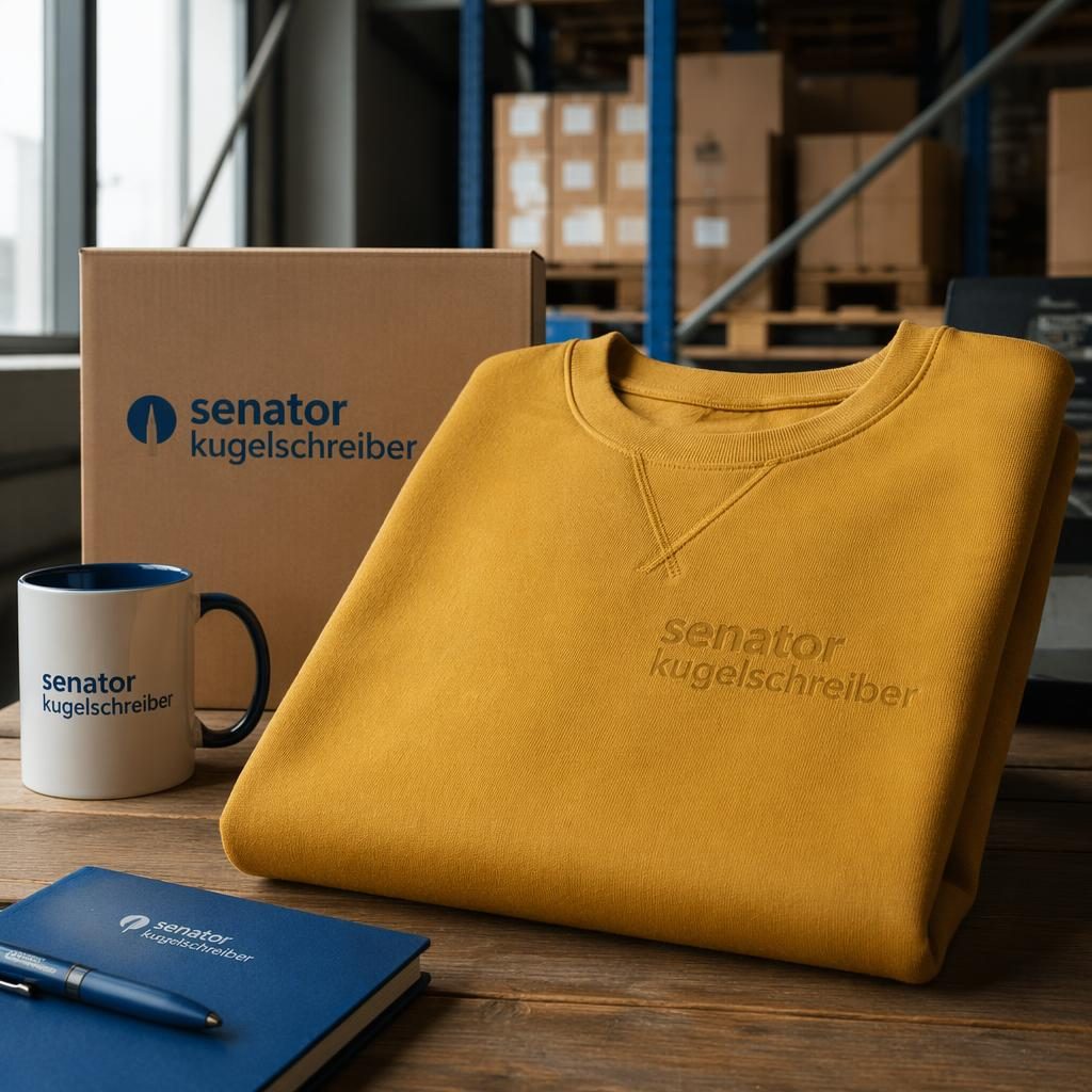 Senfgelbes Sweatshirt mit dezentem tonalem senator kugelschreiber Logo vor industrieller Lagerhaus-Kulisse