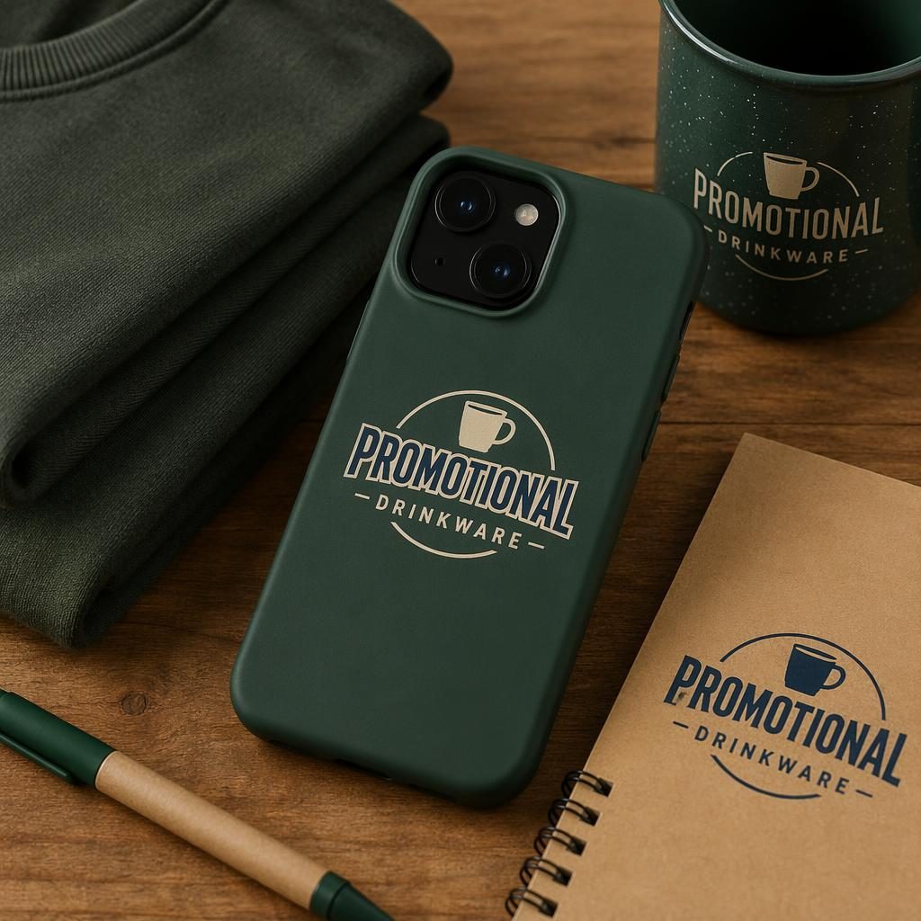 Forest green phone case mockup with centered promotional drinkware logo in navy and cream, studio product shot