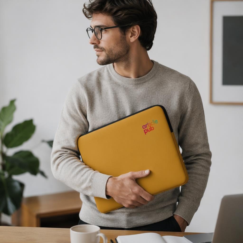 Modèle portant une housse d’ordinateur portable jaune moutarde avec petit logo article pub en dégradé, photo studio nette
