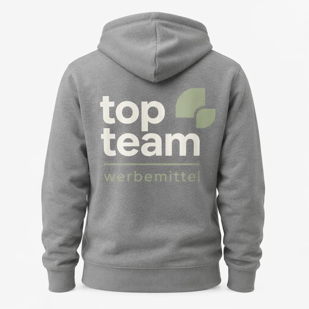 Fotorealistischer heather-grauer Hoodie von hinten mit großem top team werbemittel Logo auf weißem Hintergrund