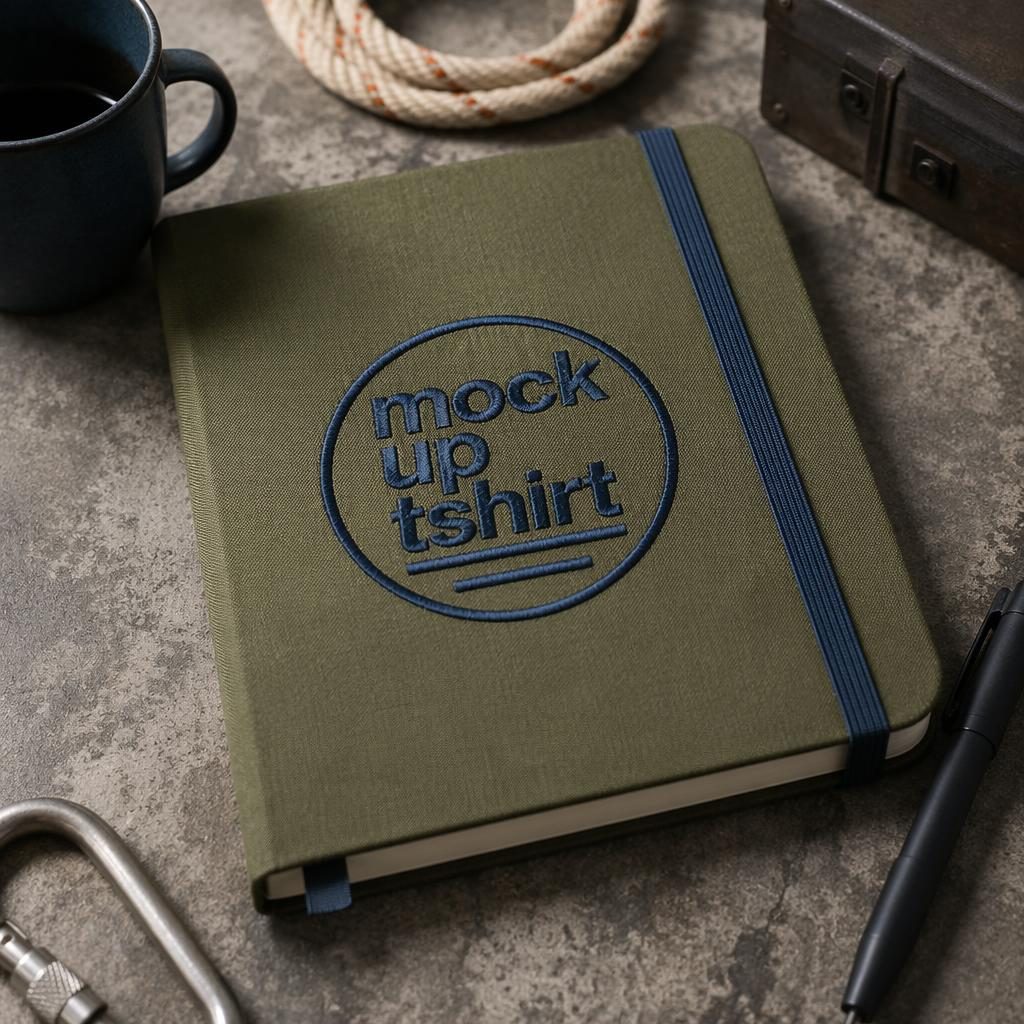 Photo-real olive green notebook mockup with embroidered mock up tshirt logo in a warehouse-style studio setting
