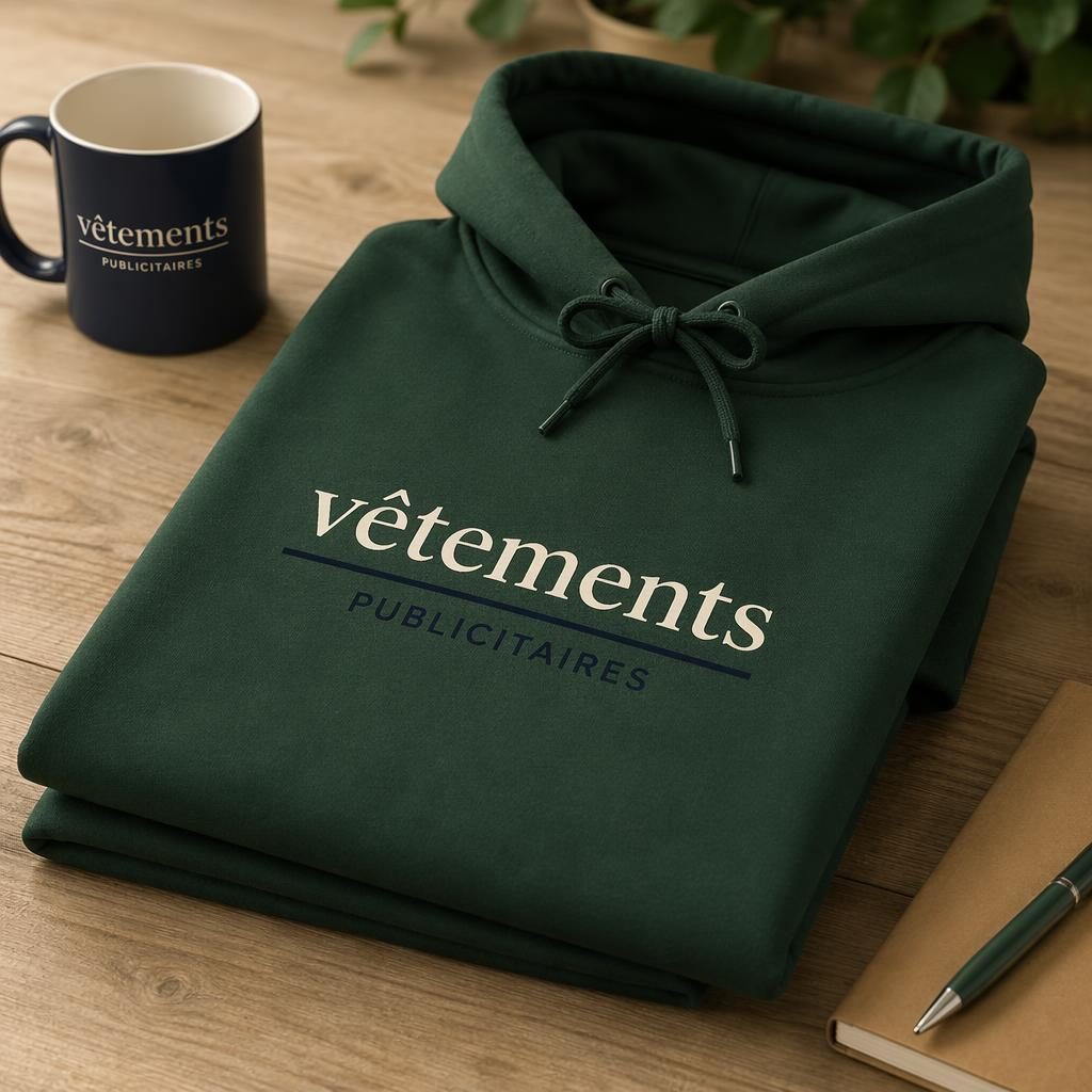 Pile de hoodies vert forêt pliés avec logo vêtements publicitaires crème et marine au centre, photo studio nette