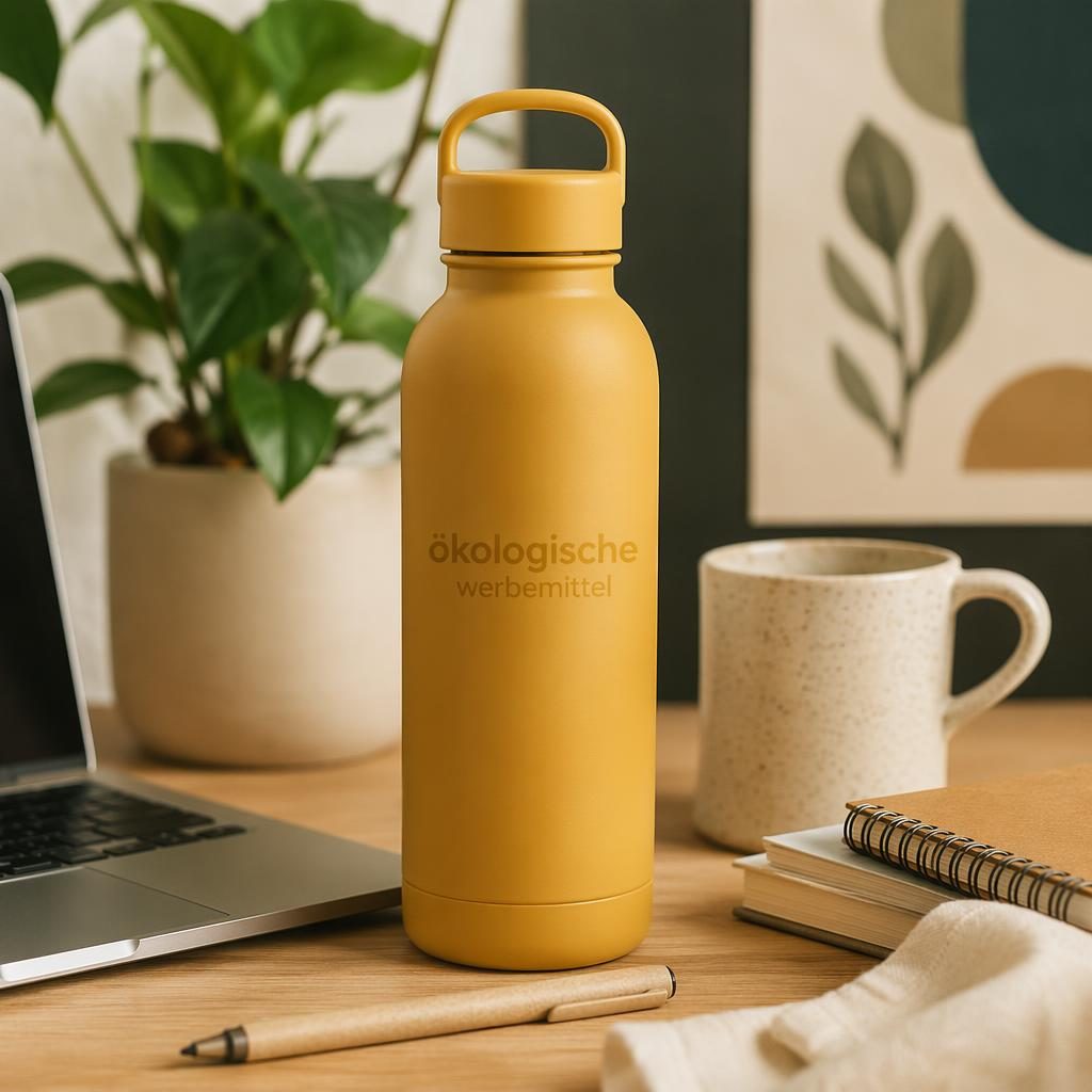 Senfgelbe Wasserflasche mit dezentem Logo in Ton-in-Ton auf einem warmen Schreibtisch-Setup im Lifestyle-Mockup.