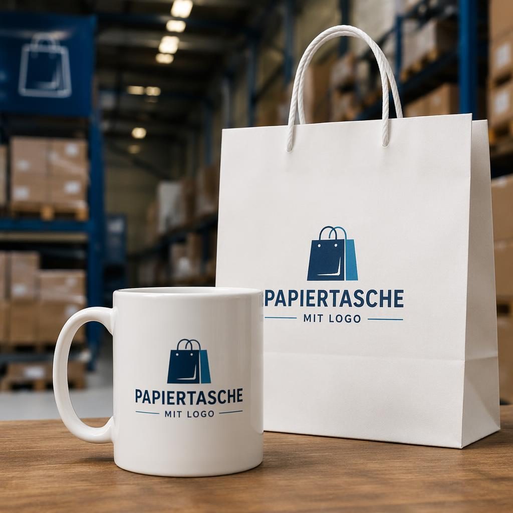 Weiße Keramiktasse mit papiertasche mit logo Schriftzug in Tech-Blau vor industrieller Lagerhaus-Kulisse