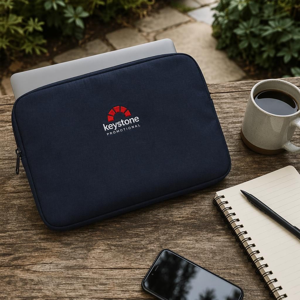 Photo-real navy laptop sleeve mockup with a small keystone promotional logo, styled outdoors in sharp natural light.