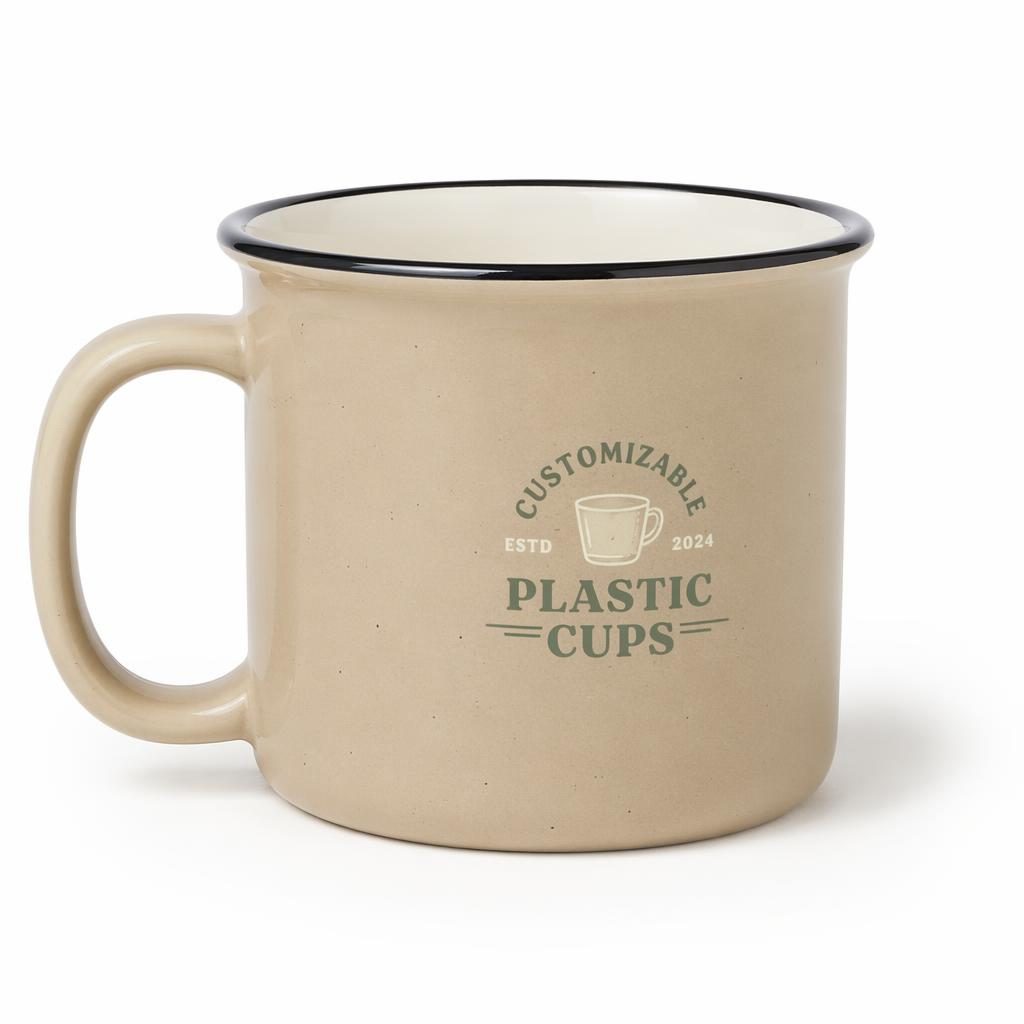 Beige sand enamel mug mockup on a white background with a small customizable plastic cups logo in sage and ivory.