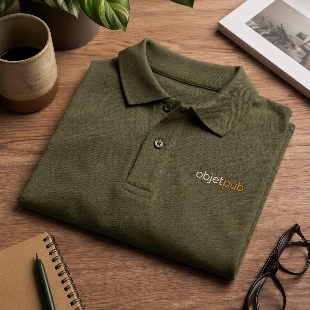 Polo vert olive avec logo objetpub brodé, posé sur un bureau lifestyle avec mug en céramique et papier texturé.