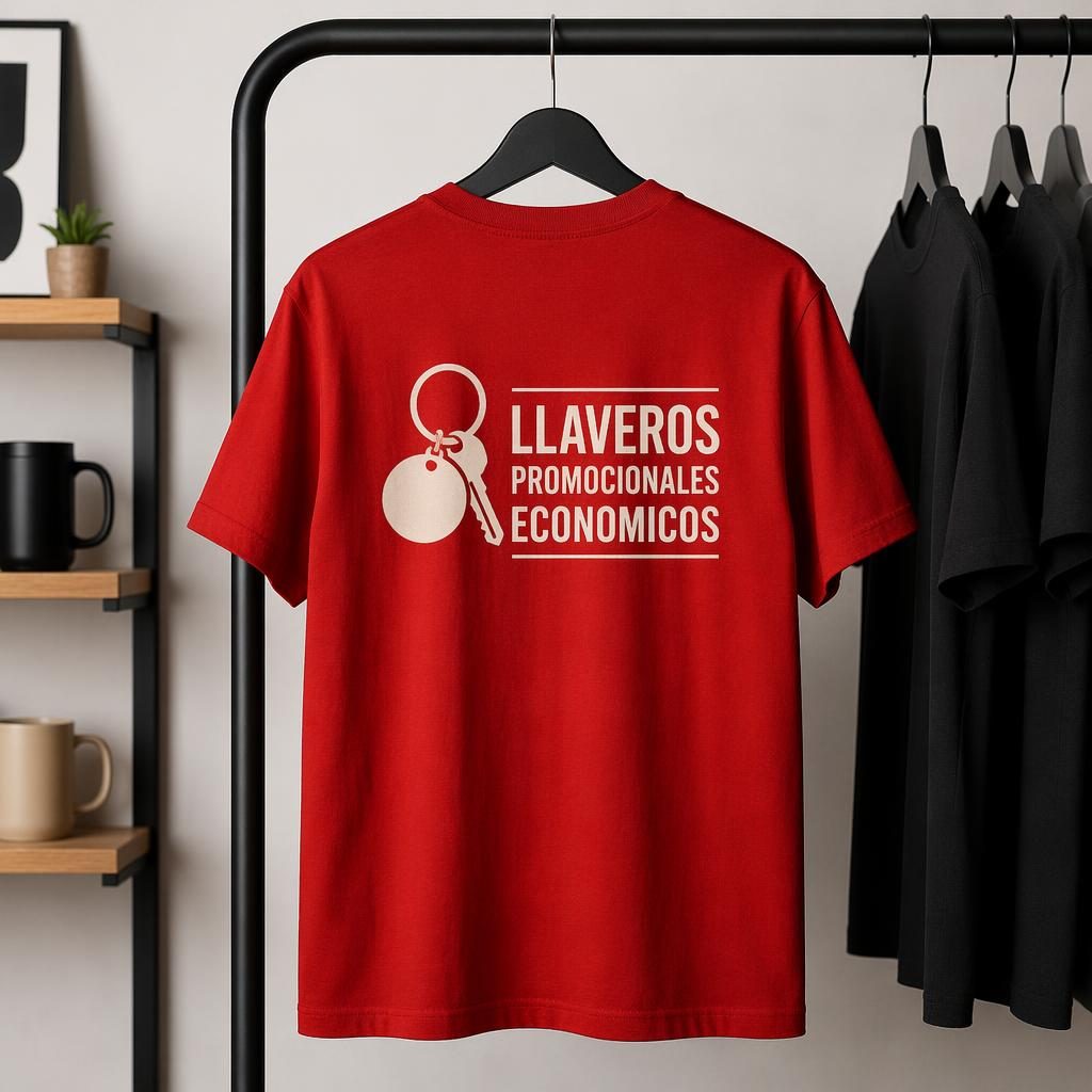 Camiseta roja clásica colgada en perchero con logotipo tipográfico genérico en la espalda, foto de estudio