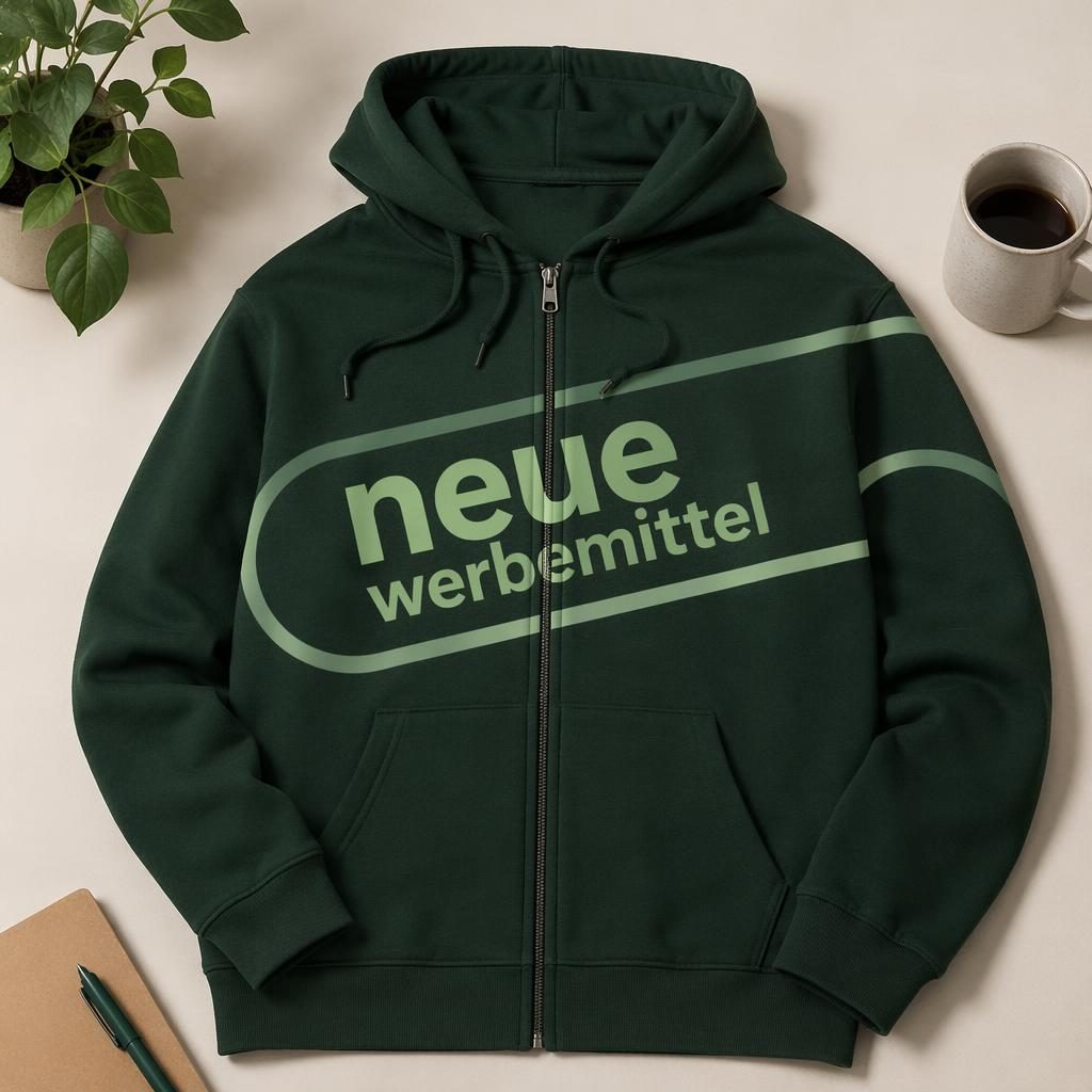 Fotorealistisches Flatlay eines waldgrünen Zip-Hoodies mit neue werbemittel Logo im Studio-Look