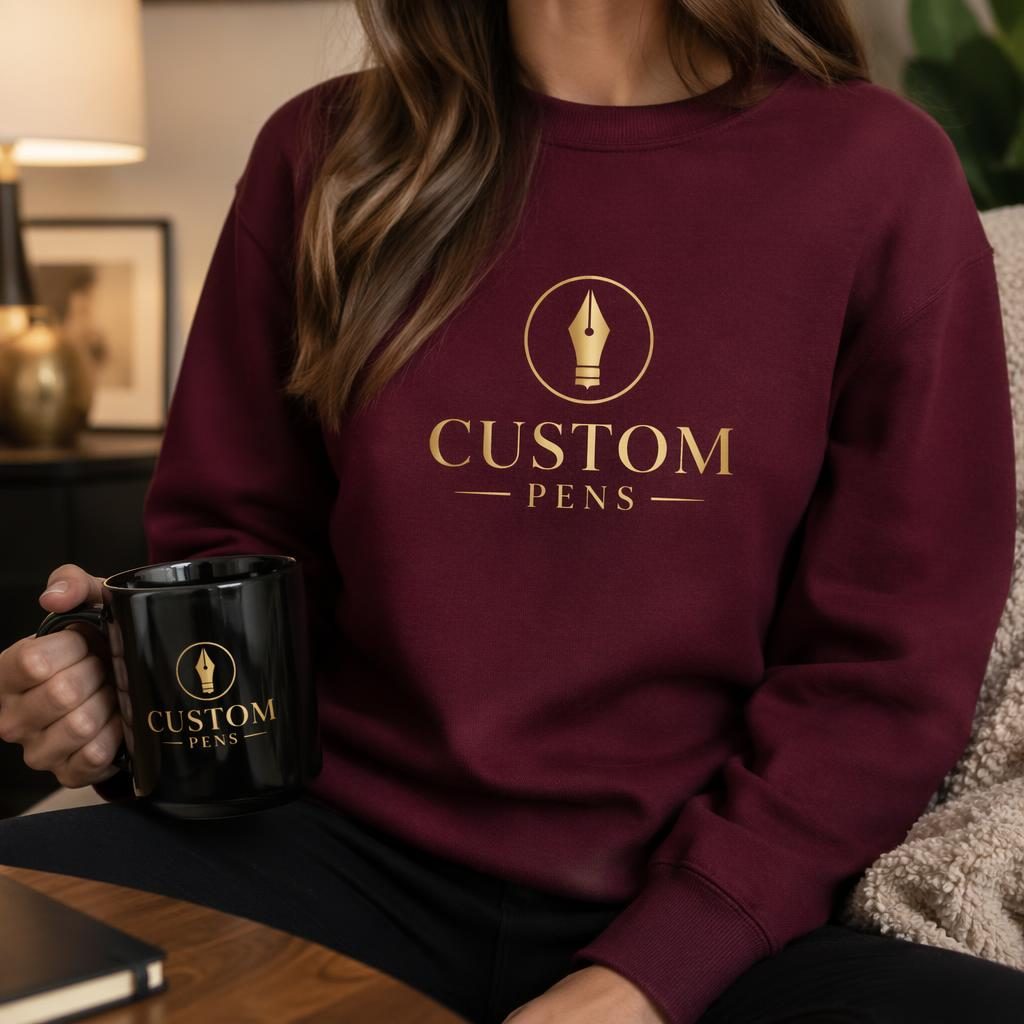 Photo-real burgundy sticker pack merch mockup in a cozy home setting with a centered custom pens logo and black-gold styling.