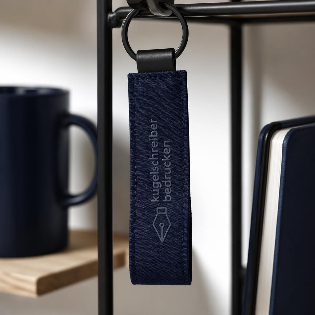 Marineblauer Schlüsselanhänger mit dezent tonigem Logo hängt an einem Rack, scharf und realistisch im Studio fotografiert.