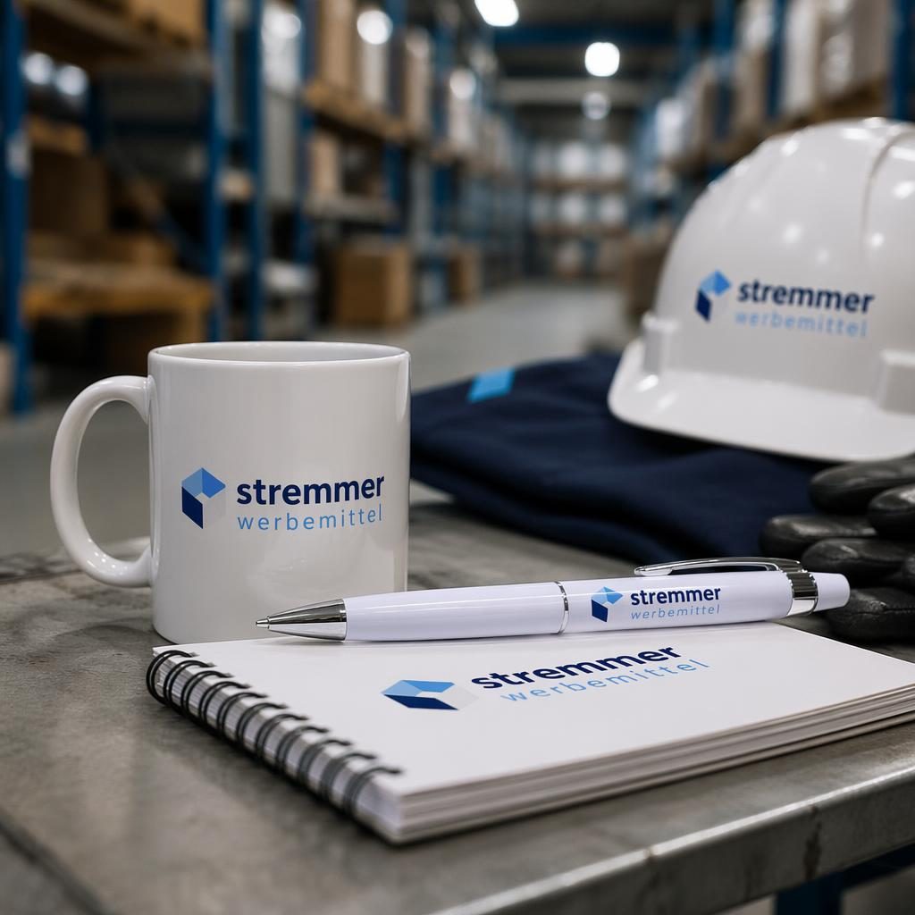 Fotorealistischer weißer Kugelschreiber mit stremmer werbemittel Logo in Blau, Industrial-Mockup vor Studiohintergrund.